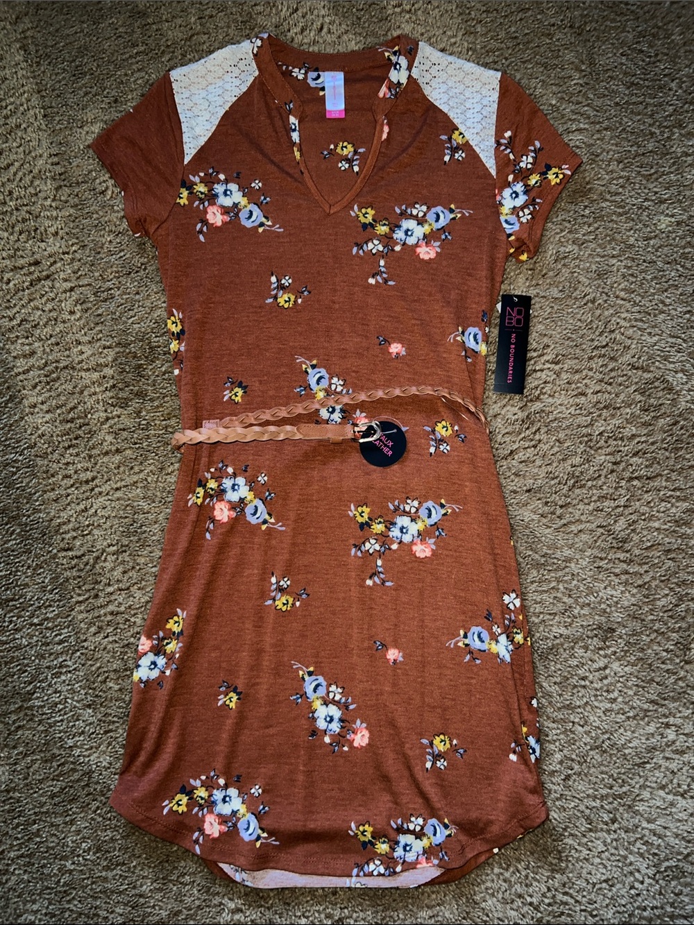 No Boundaries Rust Floral V-Neck Mini Dress with Cream Lace